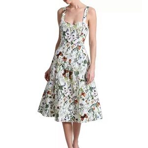 Avec Les Filles White Botanical Floral & Butterfly A Line Midi Dress